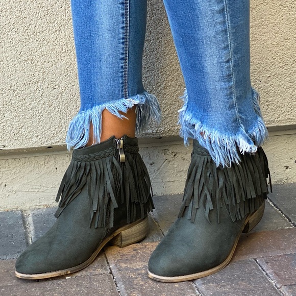 Olive Green Western Boho Braid Fringe Ankle Boots - Picture 5 of 13